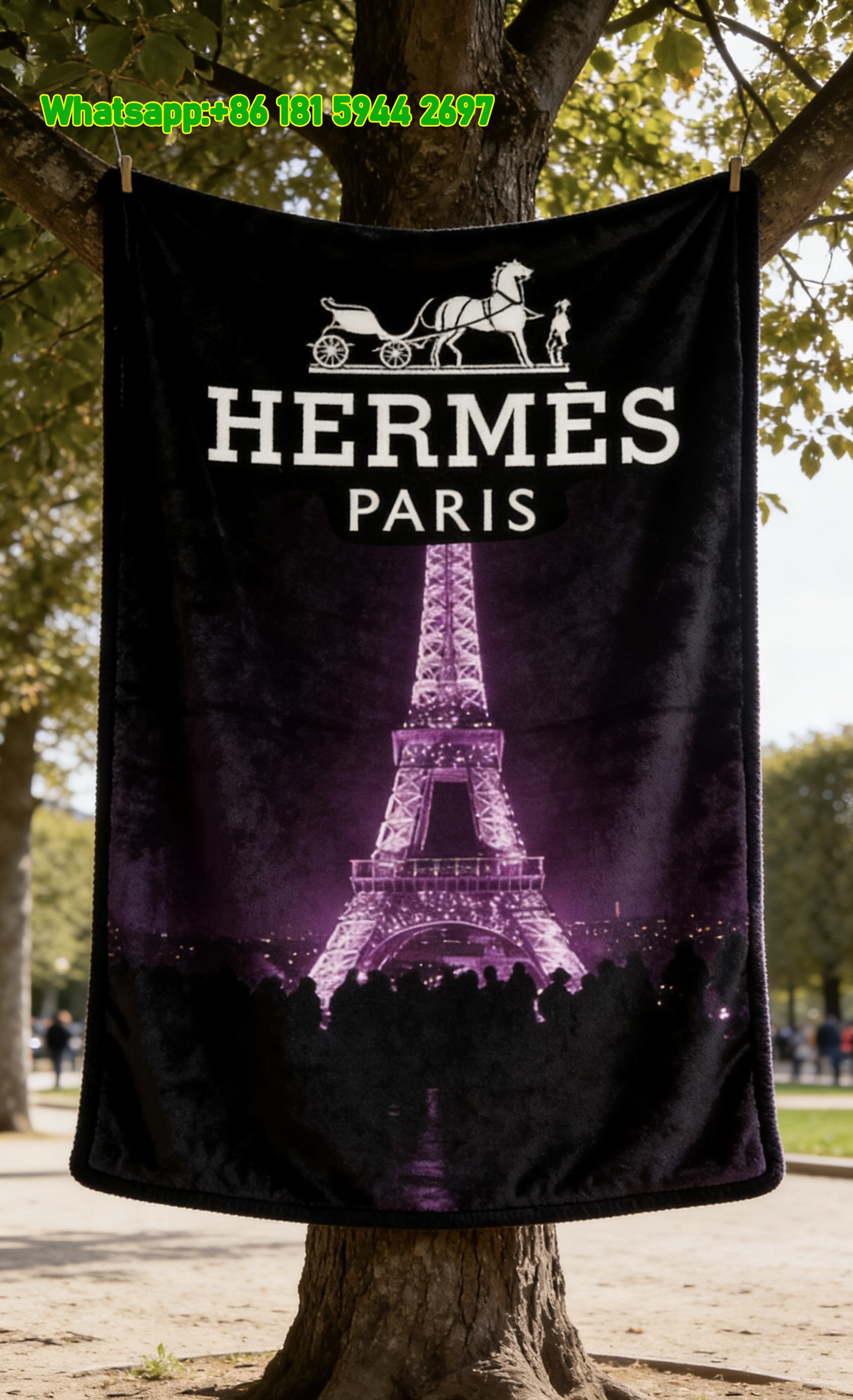Hermès Purple Eiffel Tower Flannel Fleece Throw Blanket IMG_4976